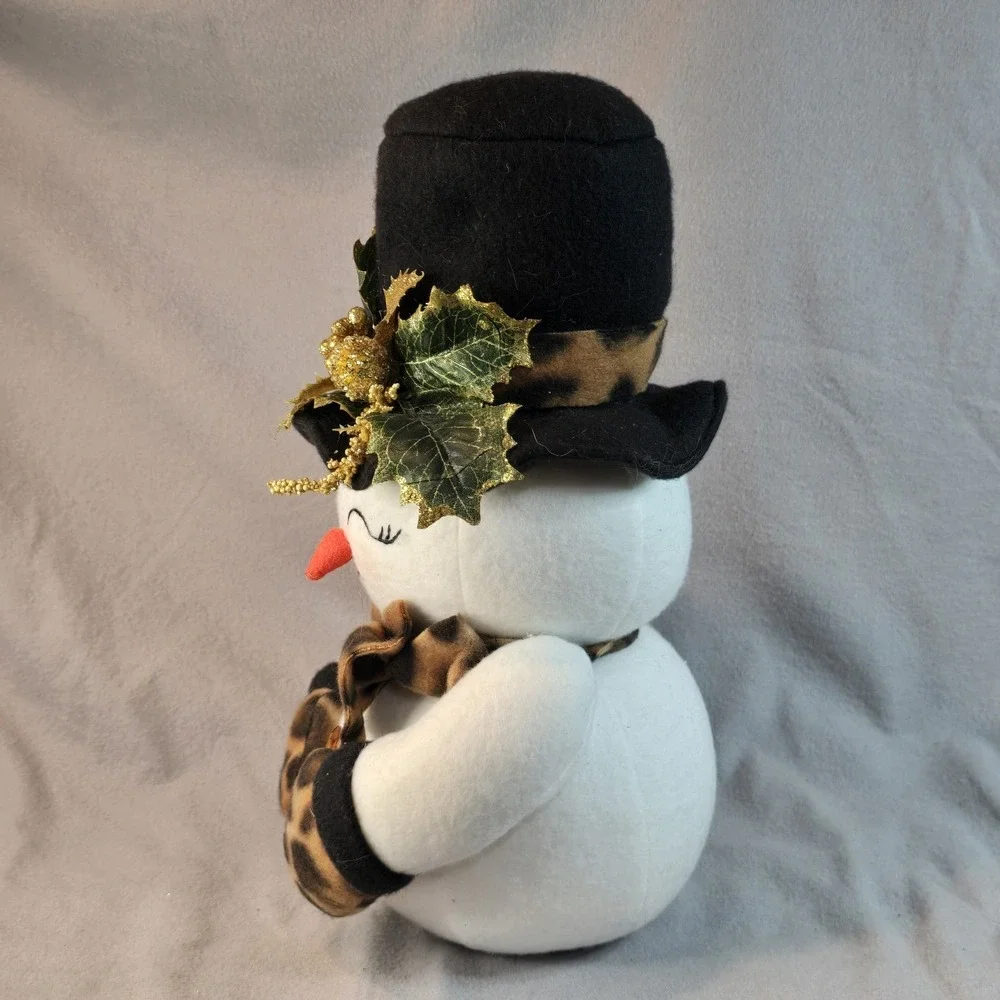 2 Snowman Couple Plushies W/ Leopard Print Scarf Hat Gloves Christmas Winter